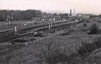 View north at Dalry in the 1970s. The station originally had quite a complicated layout with staggered platforms, loops and sidings from turnplates (see contemporary map on the <a target='external' href='http://maps.nls.uk/view/74926824'>NLS site</a>), then a more conventional two platforms, later expanded to four and is now two again. The goods yard was to the left and approach to Blair Iron works to the right. To the south was a short lived Dalry Junction station at the point of divergence of the Ayr and Kilmarnock routes.<br><br>[Ewan Crawford Collection //]