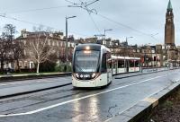With part of Princes Street closed because of a police incident at the Scott Monument on 11 February the city terminus has been moved east. A tram negotiates the crossover placed here for just such contingencies and heads for the airport.<br><br>[David Panton 11/02/2016]