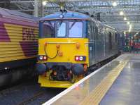 'New' Caledonian Sleeper locomotive 73967 alongside 67021 at the east end bay of Waverley.<br><br>[Bill Roberton
 11/02/2016]