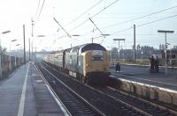 55022 <I>Royal Scots Grey</I> hauls the <I>Deltic Pioneer</I> railtour through Leyland on 7th October 1979. The tour was a circular from Manchester Victoria to Carlisle and Newcastle via the WCML, Tyne Valley and ECML routes. At this time the former D9000 was still in regular BR service and 36 years later is still main line certified in preservation.   <br><br>[Mark Bartlett 07/10/1979]