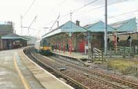 350406, on a TPE service from Manchester Airport, calls at Penrith on 30th January 2016. As this was during the period of the Lamington closure this train was terminating at Lockerbie rather than going through to Glasgow or Edinburgh. <br><br>[Mark Bartlett 30/01/2016]