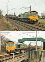 A weekend engineering train returning from Settle to Carlisle via the WCML, the second of two that day, passes through the site of long closed Brock station [See image 24407] on Sunday 21st February 2016. Freightliner 66524 was in charge with 66544 bringing up the rear. <br><br>[Mark Bartlett 21/02/2016]