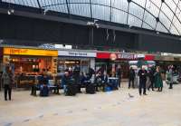 A pigeon (which seems to have enormous and dirty feet) wonders what it is going to do for dinner when the food outlets on the concourse at Glasgow Queen Street close later this month in connection with the Cowlairs tunnel improvement work.<br><br>[Colin McDonald 01/03/2016]