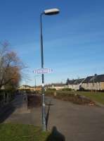 Bonnyrigg closed in 1962 but the platforms facings are still in place and a footpath/cycleway passes through. At each end of the old station a replica <I>totem</I> sign has been affixed to a lamp post. To the north of here the next station is where the Peebles branch joined the Borders railway at Eskbank, which of course has now reopened. <br><br>[John Yellowlees 28/02/2016]