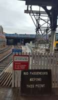 The East end of Dundee station has been opened out to facilitate the new waterfront development. Note the vintage warning sign!<br><br>[John Yellowlees 01/03/2016]