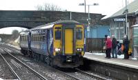 ScotRail Sprinter 156430 pauses at New Cumnock on 18 February 2016 with the 1S50 Newcastle - Glasgow Central. <br><br>[Ken Browne 18/02/2016]