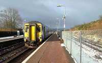 ScotRail Sprinter 156439 pauses at New Cumnock whilst working 1L51 from Glasgow Central to Carlisle on 18 February 2016.<br><br>[Ken Browne 18/02/2016]