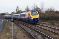 East Midlands Trains 5-car Meridian set 222022, seen approaching Market Harborough with a service to St Pancras on 29 February 2016.<br><br>[John McIntyre 29/02/2016]