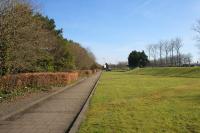 Looking east along the route of the former line from Buchanan Street Station. Costco is behind the bushes on the left and the Tesco Extra (built on the site of the St. Rollox Works) is on the right. The railway was in a cutting at this point and a slight dip remains marking the route.<br><br>[Colin McDonald 14/03/2016]