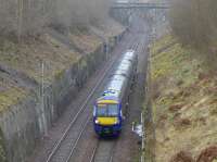 170461 with a Dunblane train.  Tree clearance and access scaffolding for electrification masts are evident.<br><br>[Bill Roberton 15/03/2016]