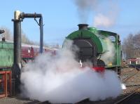 NCB Fife Area No.19 (Hunslet 3818 of 1954) moves off shed on 20 March, the first weekend of the season. In the background is the stock for the Royal Scotsman, recently arrived from Carnforth.<br><br>[Bill Roberton 20/03/2016]