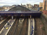 <h4><a href='/locations/G/Glasgow_Queen_Street_High_Level'>Glasgow Queen Street High Level</a></h4><p><small><a href='/companies/E/Edinburgh_and_Glasgow_Railway'>Edinburgh and Glasgow Railway</a></small></p><p>View of Queen Street High Level station from the Buchanan Galleries on 21st March 2016. A rail trolley is just visible on the left under the bridge at platform 7. Otherwise, only the lack of  passenger trains and the bags of cables on the platforms show that work is in progress.</p><p>21/03/2016<br><small><a href='/contributors/Colin_McDonald'>Colin McDonald</a></small></p>
