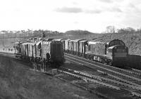 A northbound D6850 with a Waverley route freight on 22 February 1968 passes D3885 held at Kelso Junction.<br><br>[George Kinghorn Collection (Courtesy Bruce McCartney) 22/02/1968]