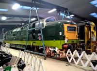 Imaginary telephone conversation: Hello Mr. Railtour operator, you know you wanted D9015 for your tour tomorrow? Well, we've just got to put the engine and the front bogie back in - hello? - 'Tulyar' in an Airfix frame of mind in the DPS shed at Barrow Hill.<br><br>[Ken Strachan 27/02/2016]