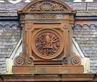 The crest on Ayr station's hotel, showing the date 1885.<br><br>[Colin Miller 17/03/2016]