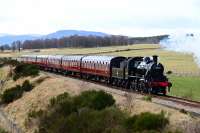 In an icy gale, Strathspey Railway Ivatt No.46512 is pictured just north of Fisherman's Crossing on the way to Broomhill.<br><br>[John Gray 25/03/2016]