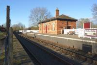 The southern terminus of the Battlefield Line Railway is at Shenton on the former LNWR & Midland Joint line between Coalville and Nuneaton. The station, seen here in March 2016, was closed by BR in 1968, but later resurrected by the heritage railway which takes it's name from the battle of Bosworth Field, the final battle of the Wars of the Roses. [Ref query 42512]<br><br>[John McIntyre 07/03/2016]