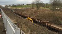 Solum being excavated to reduced levels after track removal on the up  line.<br><br>[Martin MacGuire 21/03/2016]