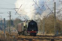 Stanier Pacific no.46233 'Duchess of Sutherland' heads south over Balshaw Lane Jct whilst heading to Crewe with support coach on 20 March 2016. The previous day it had hauled the Mid Day Scot railtour from Manchester to Edinburgh.<br><br>[John McIntyre 20/03/2016]