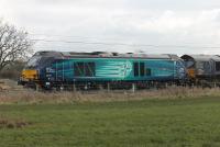 Brand new DRS 68018 <I>Vigilant</I>, presumably on a test run from Crewe to Carlisle, draws to a stand in Barton & Broughton loop on 21st March 2016. This was a light engine movement but DRS 66429 accompanied the newcomer.<br><br>[Mark Bartlett 21/03/2016]