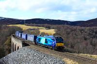 68018 Vigilant races south over Slochd Viaduct with the container empties from Inverness to Mossend.<br><br>[John Gray 25/03/2016]