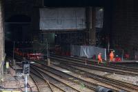 Scaffolding dominates the scene near the entrance to the tunnel on 7th April 2016 as preparations are made to remove a cable gantry spanning the tunnel mouth.  <br><br>[Colin McDonald 07/04/2016]
