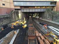 An engineering train at Queen Street on 10 April 2016, waiting  to collect spoil from the platform realignment work at the north end of the station.<br><br>[Colin McDonald 10/04/2016]