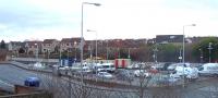 The scene at Cupar during tack replacement operations at the end of January 2016, with two road/rail vehicles operating on the line.<br><br>[Andrew Wilson 31/01/2016]