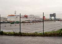 The site of Fleetwood station (closed 1966) in 2009, with all railway traces long demolished to create space for the port facilities. The <I>Stena Leader</I> is at the loading point on a Larne sailing. The last ship to use Fleetwood was the <I>Stena Seafarer</I> on 24th December 2010 following which sailings were diverted to Heysham and Fleetwood was closed.  <br><br>[Mark Bartlett 06/10/2009]