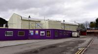 Ballater Station site, with the area screened off and a scaffold 'tent' in place.<br><br>[John Gray 05/04/2016]