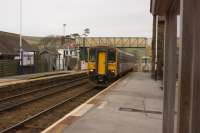 A Carlisle to Barrow Class 153 railcar arrives at St Bees on 11 March 2016. St Bees is a passing place on the single line from Whitehaven to Sellafield.<br><br>[John McIntyre 11/03/2016]