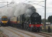 Phew! TPE 185126 from Windermere passes Brock just in time to reveal 46100 hauling the <I>Scot Commemorative</I> from Crewe to Whitehaven and Carlisle on 16th April 2016. Thank goodness the Scot wasn't passing a Pendolino.<br><br>[Mark Bartlett 16/04/2016]