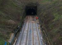 The north portal of the Queen Street High level Tunnel showing the up line removed in the tunnel itself. The trackwork on both lines of the incline was replaced at an early stage of the works. <br><br>[Colin McDonald 15/04/2016]