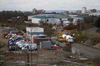 View of the Fountainbridge and Keppochhill Drive works depots with<br>
rail mounted cement mixers and Road/Rail Vehicles parked at the new access point. The arch seen on the upper left is Pinkston Road overbridge.<br><br>[Colin McDonald 15/04/2016]