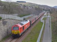 D9009 passes the former Kilnknowe Junction with a Derby - Tweedbank charter on 9 April. 67015 brings up the rear.<br><br>[Bill Roberton 09/04/2016]