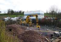 Rail mounted cement mixers and Road/Rail Vehicles parked at the Keppochhill Drive/Fountainwells access point. <br><br>[Colin McDonald 15/04/2016]