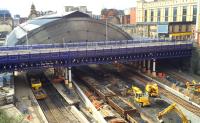 Queen Street High level work on the morning of 16th April 2016 viewed from Buchanan Galleries. Trackwork for platforms 1&2 has been replaced and platforms 3&4 are now receiving attention. The engineering train is on the platform 5 line.<br><br>[Colin McDonald 16/04/2016]