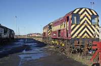 Scrapped 08s and two 56s stored at the then closed depot looking towards the signal box and the works.<br><br>[Alastair McLellan 07/01/2010]