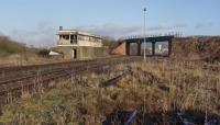 A view of the sorting sidings box at Margam Marshalling Yard in 2011. Ahead the lines run to Margam Abbey Works East Junction under the Ogmore Valley to Abbey South Sidings alignment. Lines formerly ran to the left of the box to the Grange Coke Ovens Sidings and Abbey South Sidings. The rusty track to the right ran to the running shed.<br><br>[Alastair McLellan 18/01/2011]