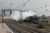 After some speedy repairs earlier in the week 5MT 44871 was cleared to work the Great Britain IX (Day 3) leg from Bristol to Grange-over-Sands (via Hereford). In between heavy downpours the Black 5 is seen taking the Down Fast line through Lancaster on 28th April 2016.<br><br>[Mark Bartlett 28/04/2016]