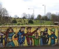 These 'gallus' cartoon characters are apparently unaware of their impending demise as they disport themselves on the parapet of Gourlay Street overbridge on the day work started on preparations to demolish the bridge as part of the EGIP electrification.<br><br>[Colin McDonald 25/04/2016]