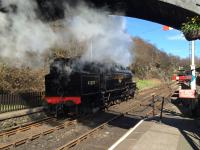 Fairburn tank 42073 runs around its train at Haverthwaite.<br><br>[Martin MacGuire 10/04/2016]