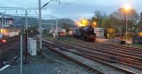 In readiness for the summer season, LMS Class 5MT 4-6-0 no 44871 takes an overnight pause in the down goods loop at Dumbarton Central (actually in the small PW depot at the east end of the station). The locomotive continued north to Fort William the next day. (Apologies for quality - low light and phone camera).<br><br>[Ewan Crawford 03/05/2016]