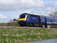 HST 125 43140 passing Crofton westbound. The Kennet and Avon Canal is in the foreground.<br><br>[Peter Todd 26/04/2016]