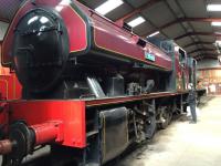 Bagnall saddle tank 2996 'Victor' from 1951 on shed at Haverthwaite.<br><br>[Martin MacGuire 10/04/2016]