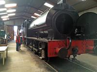 Hunslet saddle tank 3698 from 1950 with smoke box door open for cleaning in Haverthwaite shed.<br><br>[Martin MacGuire 10/04/2016]