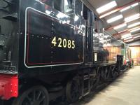 Fairbairn tank 42085 lies boilerless in Haverthwaite shed whilst undergoing maintenance.<br><br>[Martin MacGuire 10/04/2016]