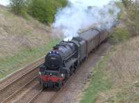 The Inverness - Oxenholme leg of the Great Britain IX railtour, hauled by 44871 with 47760 on the rear enters the double track at Stanley running about half an hour early.<br><br>[Bill Roberton 03/05/2016]