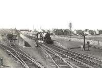 An Ayr - Glasgow train arrives at Prestwick on 28 March 1959 behind <I>Crab</I> 2-6-0 42808.<br><br>[G H Robin collection by courtesy of the Mitchell Library, Glasgow 28/03/1959]