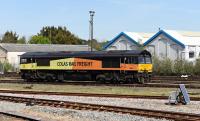 Colas 66847 shut down in the sidings at Eastleigh on 5 May 2016.<br><br>[Peter Todd 05/05/2016]